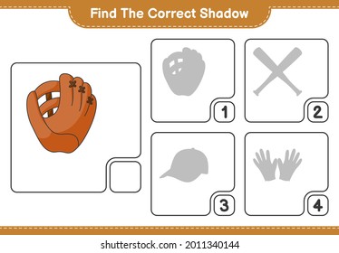 Find the correct shadow. Find and match the correct shadow of Baseball Glove. Educational children game, printable worksheet, vector illustration