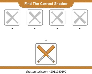 Find the correct shadow. Find and match the correct shadow of Baseball Bat. Educational children game, printable worksheet, vector illustration