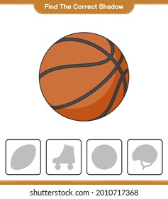 Encuentra la sombra correcta. Encuentra y coincide con la sombra correcta del baloncesto. Juego infantil educativo, hoja de cálculo imprimible, ilustración vectorial