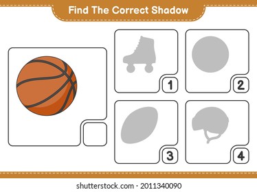 Find the correct shadow. Find and match the correct shadow of Basketball. Educational children game, printable worksheet, vector illustration