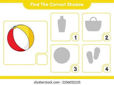 Encuentra la sombra correcta. Encuentra y concuerda con la sombra correcta de Beach Ball. Juego infantil educativo, hoja de cálculo imprimible, ilustración vectorial