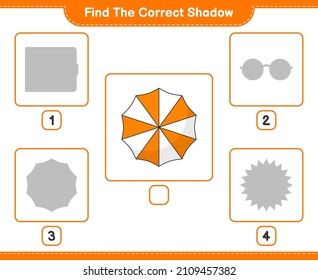 Find the correct shadow. Find and match the correct shadow of Beach Umbrella. Educational children game, printable worksheet, vector illustration