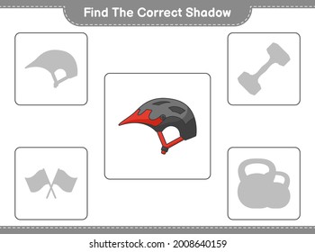Encuentra la sombra correcta. Buscar y coincidir con la sombra correcta del casco de bicicleta. Juego infantil educativo, hoja de cálculo imprimible, ilustración vectorial