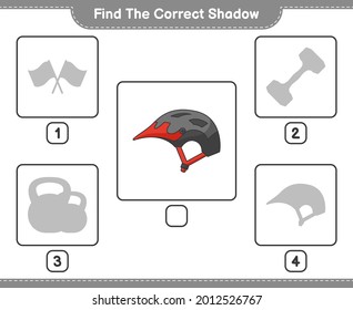Find the correct shadow. Find and match the correct shadow of Bicycle Helmet. Educational children game, printable worksheet, vector illustration