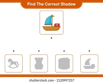 Find the correct shadow. Find and match the correct shadow of Boat. Educational children game, printable worksheet, vector illustration