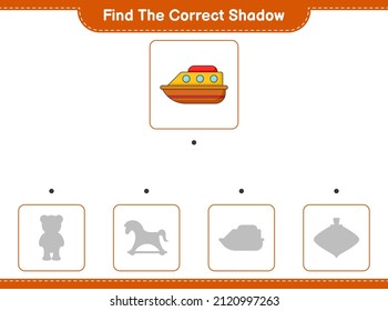 Find the correct shadow. Find and match the correct shadow of Boat. Educational children game, printable worksheet, vector illustration