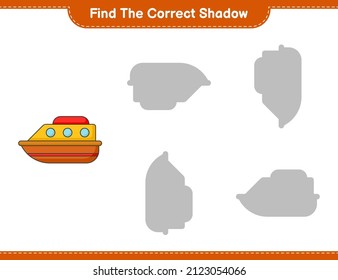 Find the correct shadow. Find and match the correct shadow of Boat. Educational children game, printable worksheet, vector illustration
