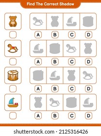 Find the correct shadow. Find and match the correct shadow of Boat, Drum, Teddy Bear, and Rocking Horse. Educational children game, printable worksheet, vector illustration