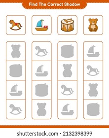Find the correct shadow. Find and match the correct shadow of Boat, Drum, Teddy Bear, and Rocking Horse. Educational children game, printable worksheet, vector illustration