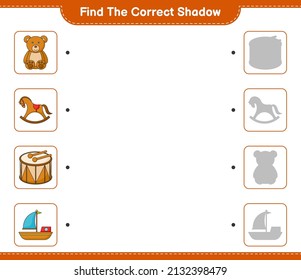 Find the correct shadow. Find and match the correct shadow of Boat, Drum, Teddy Bear, and Rocking Horse. Educational children game, printable worksheet, vector illustration