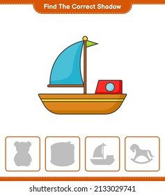 Find the correct shadow. Find and match the correct shadow of Boat. Educational children game, printable worksheet, vector illustration