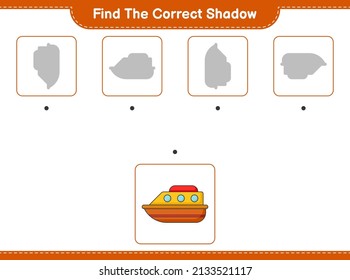 Find the correct shadow. Find and match the correct shadow of Boat. Educational children game, printable worksheet, vector illustration