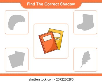 Find the correct shadow. Find and match the correct shadow of Book. Educational children game, printable worksheet, vector illustration