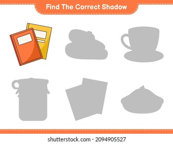 Find the correct shadow. Find and match the correct shadow of Book. Educational children game, printable worksheet, vector illustration