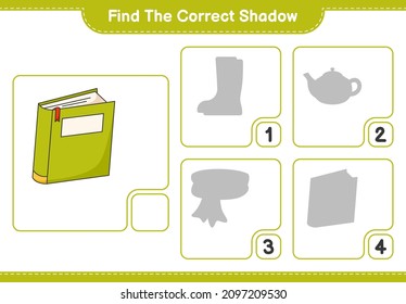 Find the correct shadow. Find and match the correct shadow of Book. Educational children game, printable worksheet, vector illustration