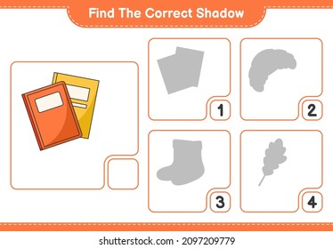 Find the correct shadow. Find and match the correct shadow of Book. Educational children game, printable worksheet, vector illustration