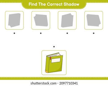 Find the correct shadow. Find and match the correct shadow of Book. Educational children game, printable worksheet, vector illustration