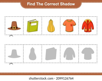 Find the correct shadow. Find and match the correct shadow of Book, Butternut Squash, T-shirt, Warm Clothes, Hat. Educational children game, printable worksheet, vector illustration