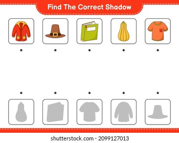 Find the correct shadow. Find and match the correct shadow of Book, Butternut Squash, T-shirt, Warm Clothes, Hat. Educational children game, printable worksheet, vector illustration