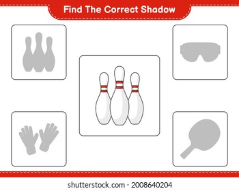 Find the correct shadow. Find and match the correct shadow of Bowling Pin. Educational children game, printable worksheet, vector illustration