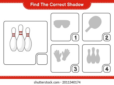 Find the correct shadow. Find and match the correct shadow of Bowling Pin. Educational children game, printable worksheet, vector illustration