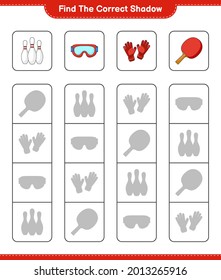 Find the correct shadow. Find and match the correct shadow of Bowling Pin, Goggle, Ping Pong Racket, and Goalkeeper Gloves. Educational children game, printable worksheet, vector illustration