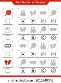 Find the correct shadow. Find and match the correct shadow of Bowling Pin, Goggle, Ping Pong Racket, and Goalkeeper Gloves. Educational children game, printable worksheet, vector illustration