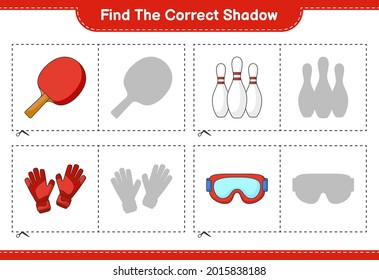 Find the correct shadow. Find and match the correct shadow of Bowling Pin, Goggle, Ping Pong Racket, and Goalkeeper Gloves. Educational children game, printable worksheet, vector illustration