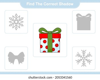 Encuentra la sombra correcta. Buscar y coincidir con la sombra correcta de Box Gift. Juego infantil educativo, hoja de cálculo imprimible, ilustración vectorial
