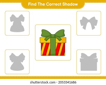 Find the correct shadow. Find and match the correct shadow of Box Gift. Educational children game, printable worksheet, vector illustration