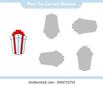 Find the correct shadow. Find and match the correct shadow of Box Gift. Educational children game, printable worksheet, vector illustration