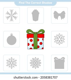 Find the correct shadow. Find and match the correct shadow of Box Gift. Educational children game, printable worksheet, vector illustration