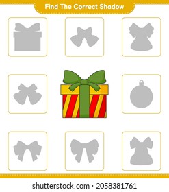 Encuentra la sombra correcta. Buscar y coincidir con la sombra correcta de Box Gift. Juego infantil educativo, hoja de cálculo imprimible, ilustración vectorial