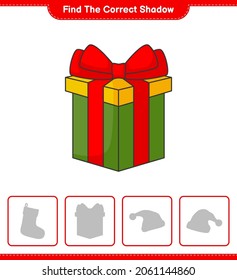 Encuentra la sombra correcta. Buscar y coincidir con la sombra correcta de Box Gift. Juego infantil educativo, hoja de cálculo imprimible, ilustración vectorial