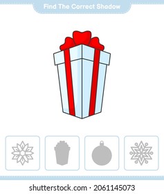 Find the correct shadow. Find and match the correct shadow of Box Gift. Educational children game, printable worksheet, vector illustration