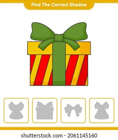 Encuentra la sombra correcta. Buscar y coincidir con la sombra correcta de Box Gift. Juego infantil educativo, hoja de cálculo imprimible, ilustración vectorial