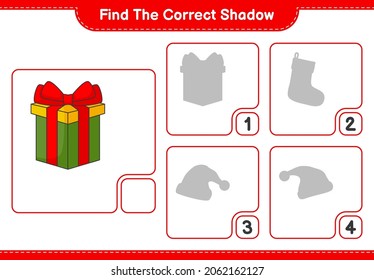 Encuentra la sombra correcta. Buscar y coincidir con la sombra correcta de Box Gift. Juego infantil educativo, hoja de cálculo imprimible, ilustración vectorial