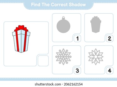 Find the correct shadow. Find and match the correct shadow of Box Gift. Educational children game, printable worksheet, vector illustration