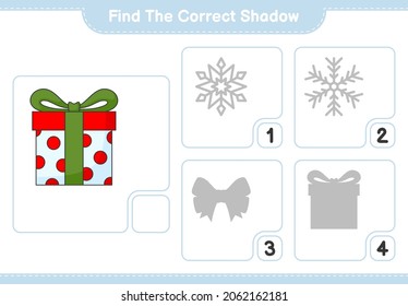 Find the correct shadow. Find and match the correct shadow of Box Gift. Educational children game, printable worksheet, vector illustration