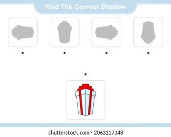 Find the correct shadow. Find and match the correct shadow of Box Gift. Educational children game, printable worksheet, vector illustration