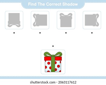 Encuentra la sombra correcta. Buscar y coincidir con la sombra correcta de Box Gift. Juego infantil educativo, hoja de cálculo imprimible, ilustración vectorial
