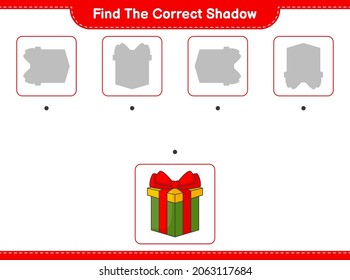 Find the correct shadow. Find and match the correct shadow of Box Gift. Educational children game, printable worksheet, vector illustration