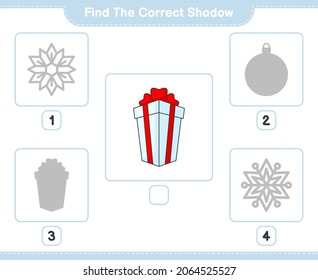 Find the correct shadow. Find and match the correct shadow of Box Gift. Educational children game, printable worksheet, vector illustration