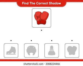 Find the correct shadow. Find and match the correct shadow of Boxing Gloves. Educational children game, printable worksheet, vector illustration