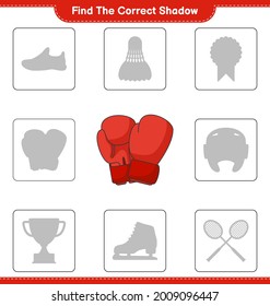 Find the correct shadow. Find and match the correct shadow of Boxing Gloves. Educational children game, printable worksheet, vector illustration