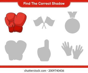 Find the correct shadow. Find and match the correct shadow of Boxing Gloves. Educational children game, printable worksheet, vector illustration