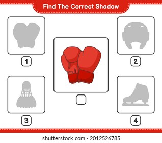Find the correct shadow. Find and match the correct shadow of Boxing Gloves. Educational children game, printable worksheet, vector illustration