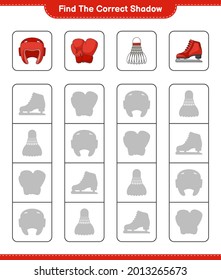Find the correct shadow. Find and match the correct shadow of Boxing Gloves, Shuttlecock, Boxing Helmet, and Ice Skates. Educational children game, printable worksheet, vector illustration