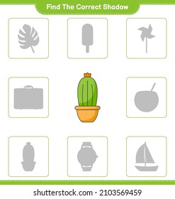 Encuentra la sombra correcta. Buscar y coincidir con la sombra correcta de Cactus. Juego infantil educativo, hoja de cálculo imprimible, ilustración vectorial