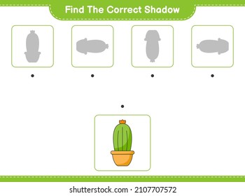 Encuentra la sombra correcta. Buscar y coincidir con la sombra correcta de Cactus. Juego infantil educativo, hoja de cálculo imprimible, ilustración vectorial